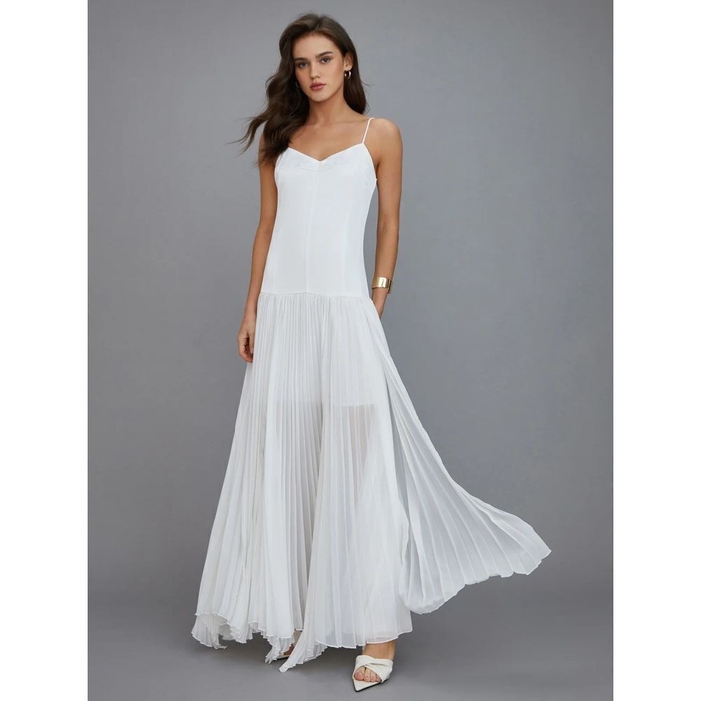 Commense White Pleated Maxi Dress Spaghetti Strap Elegant Flowy Size XS
